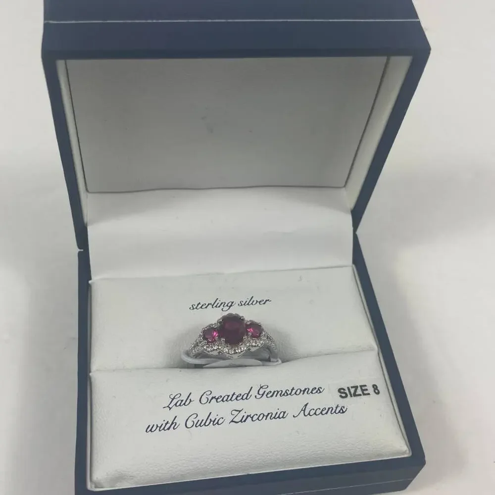 NWT Olivia and Jackson Sterling Silver Lab Gem Ring Red 3 stone size 8
